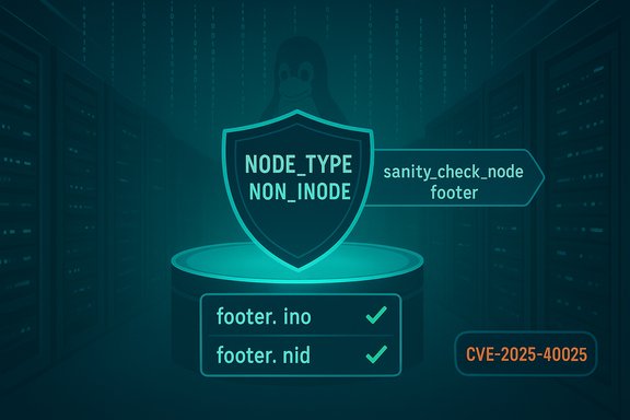 Teal data-center scene featuring a shield labeled NODE_TYPE NON_NODE and a sanity_check_node footer, CVE-2025-40025.