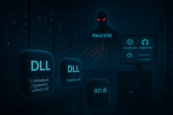A dark data center where a glowing figure 'Neursite' directs DLLs in a cyberattack scene.