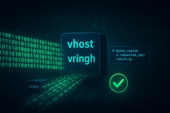 Futuristic illustration of vhost virtualization with streaming binary data and a green checkmark.