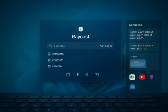 Raycast app interface on a dark blue background, featuring a search bar and a right-side Clipboard panel.
