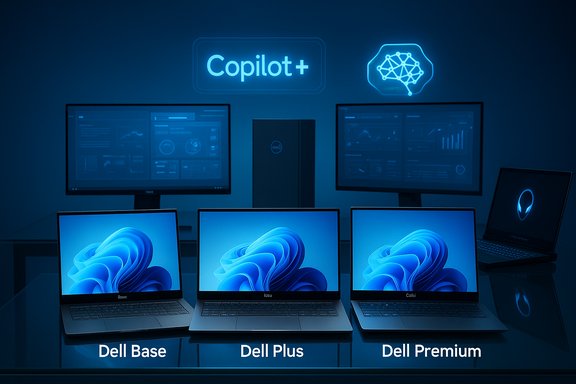 Dell Base, Plus, and Premium laptops are showcased under Copilot+ branding.