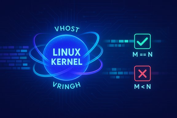 Neon Linux kernel graphic showing vhost and vring, with a checkmark and a cross.