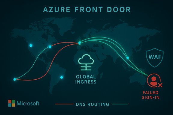 Diagram of DNS routing with Azure Front Door, global ingress, WAF protection, and a failed sign-in. Diagram of DNS routing with Azure Front Door, global ingress, WAF protection, and a failed sign-in.