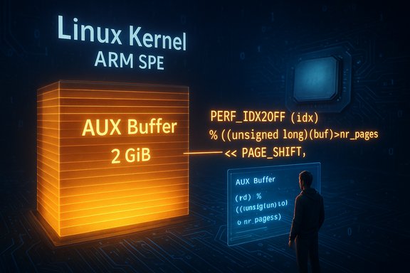 Futuristic Linux Kernel scene with an orange AUX Buffer (2 GiB) and floating code blocks.
