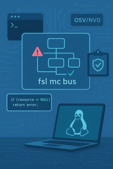Blue tech illustration featuring a Linux laptop, code window, flowchart, and circuit-board background.