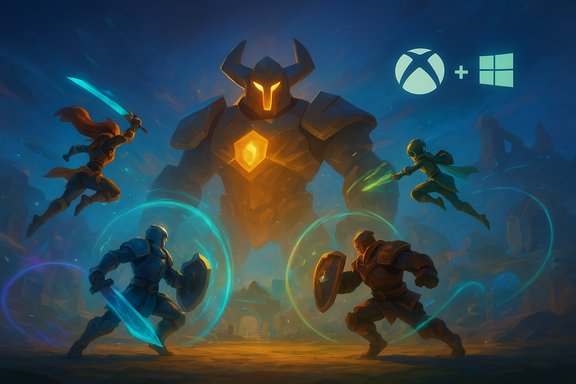 A colossal armored golem with a glowing gem battles four armed heroes.