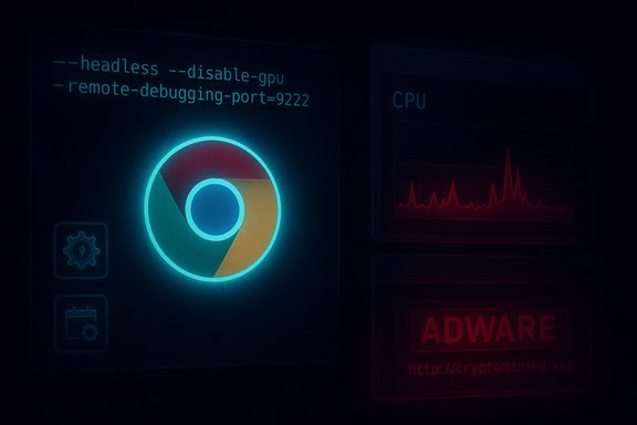 Neon Chrome logo with headless flags, a CPU monitor, and an adware label.