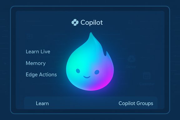 Copilot interface with a glowing gradient droplet mascot and options: Learn Live, Memory, Edge Actions.