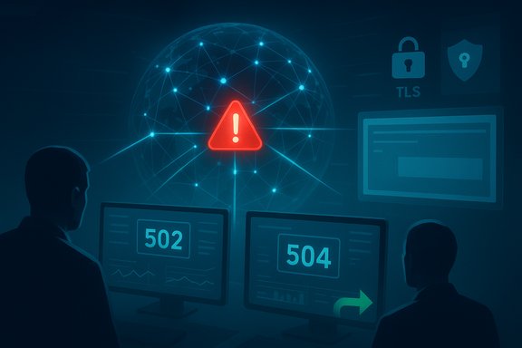 Cybersecurity alert: red warning triangle over a connected globe, with 502 and 504 error dashboards.