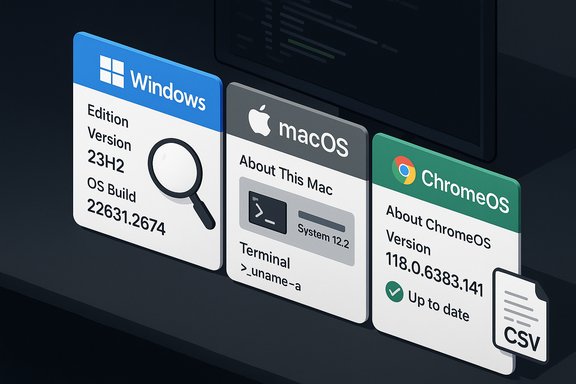 Three OS info cards—Windows, macOS, and ChromeOS—displaying edition, version, and status.