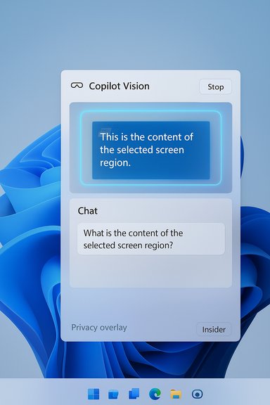 Copilot Vision UI overlay showing the content of the selected screen region and a chat prompt.