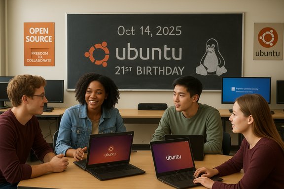 Diverse students in a classroom celebrate Ubuntu's 21st birthday with laptops.
