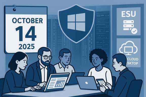 Diverse team collaborates around laptops to discuss Windows security and cloud updates on Oct 14, 2025.