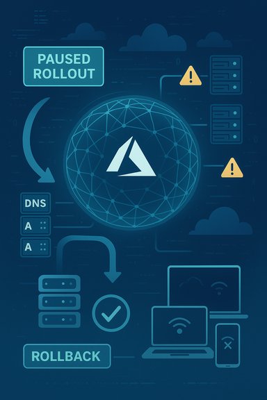 Blue tech illustration of a paused cloud rollout with DNS, warnings, rollback, and network icons.