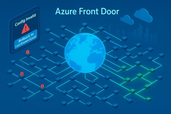 Azure Front Door network diagram showing an invalid config and rollback to last known good.