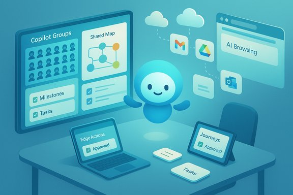 A friendly blue robot stands among screens displaying tasks, milestones, and AI tools.