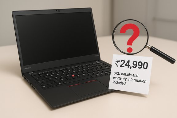 Lenovo laptop on a beige table with a ₹24,990 price tag and a magnifying glass highlighting a question mark.