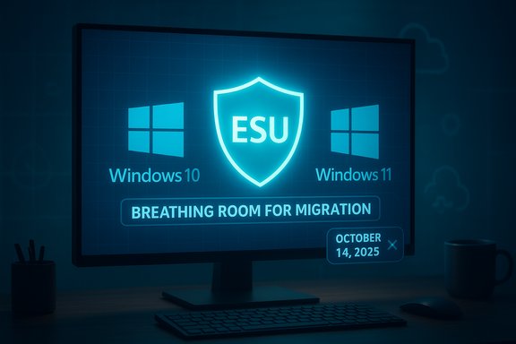 Glowing ESU shield sits between Windows 10 and Windows 11 logos, showing 'Breathing Room for Migration'. Glowing ESU shield sits between Windows 10 and Windows 11 logos, showing 'Breathing Room for Migration'.
