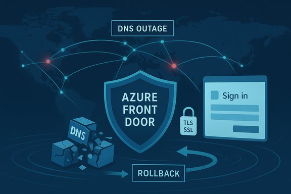 DNS outage depicted with an Azure Front Door shield, TLS lock, sign-in panel, and rollback arrows. DNS outage depicted with an Azure Front Door shield, TLS lock, sign-in panel, and rollback arrows.