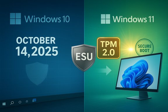 Windows 10 to Windows 11 upgrade: TPM 2.0, ESU shield, Secure Boot, Oct 14, 2025.