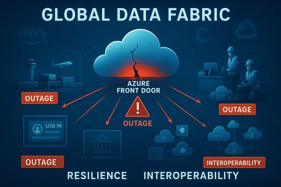 Global data fabric diagram showing Azure Front Door, outages, resilience and interoperability.