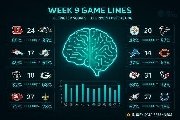 Neon brain AI forecast with Week 9 NFL game lines and predicted scores.
