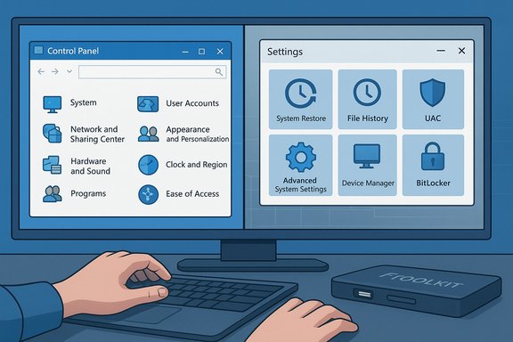 A user works at a computer with a split-screen showing Control Panel on the left and Settings on the right. A user works at a computer with a split-screen showing Control Panel on the left and Settings on the right.