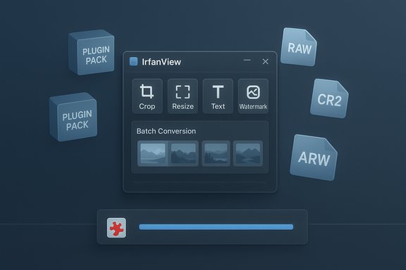 Dark blue IrfanView UI showing crop/resize/text/watermark tools and batch conversion thumbnails.