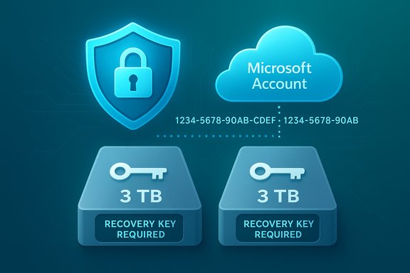 Microsoft account cloud with a shielded lock and two 3 TB recovery keys.