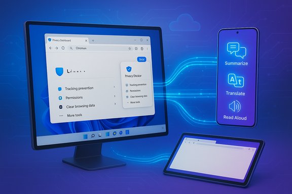 Desktop monitor and mobile devices showcase privacy controls and AI tools like summarize, translate, read aloud.