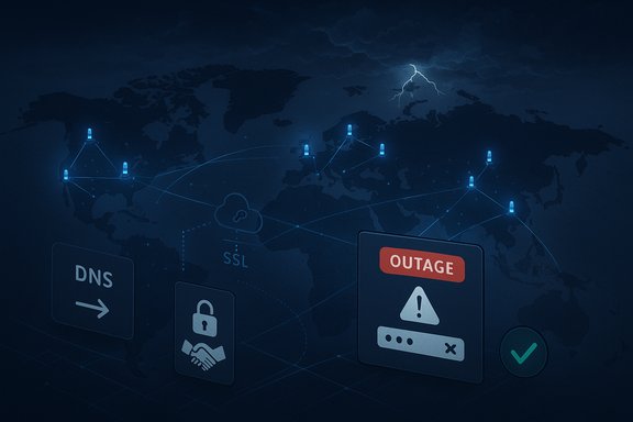 Global network outage shown across a connected world map with security icons.