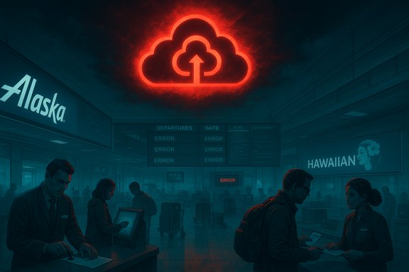 A red neon cloud upload icon glows above a blue-tinted airport terminal with Alaska and Hawaiian signage.
