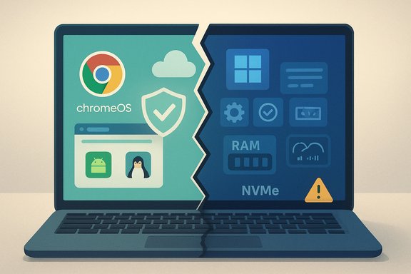 A laptop screen split in two: ChromeOS on the left and a Windows-like UI on the right, with a warning icon.