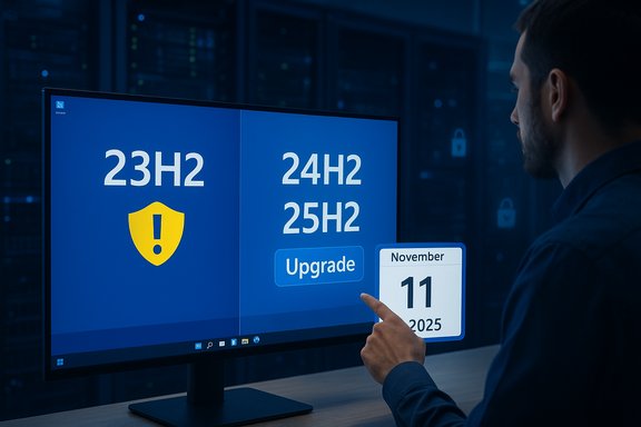 A man in a data center points to a monitor showing Windows upgrade options (23H2, 24H2, 25H2).
