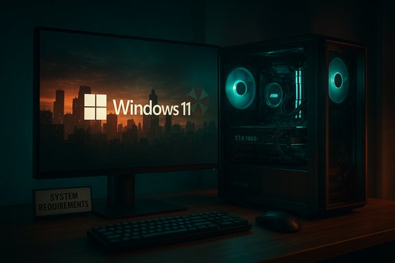 Dark desk setup with a Windows 11 monitor beside a teal-lit gaming PC.