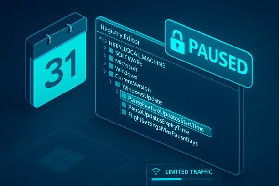 Neon isometric view of a Registry Editor pausing Windows updates.