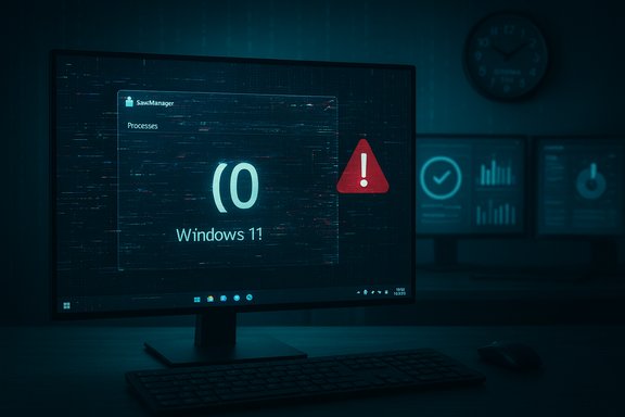 Dark office with a monitor displaying a Windows 11 warning and a red exclamation triangle.