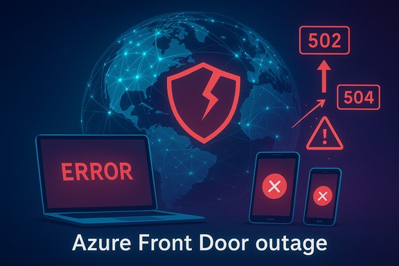 Azure Front Door outage causing device errors and 502/504 warnings.