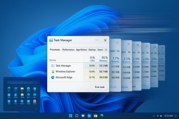 Windows 11 desktop with cascading Task Manager windows over a blue wallpaper.