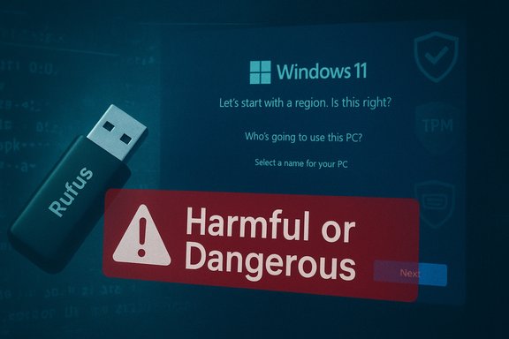 Windows 11 setup screen with a Rufus USB drive and a “Harmful or Dangerous” warning banner.