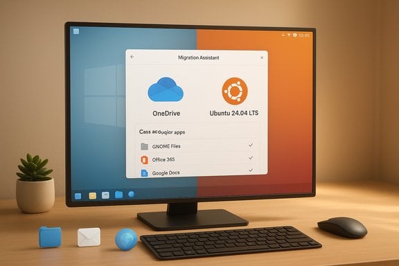 Desk setup: monitor shows Migration Assistant for OneDrive and Ubuntu, with keyboard, mouse, plant.