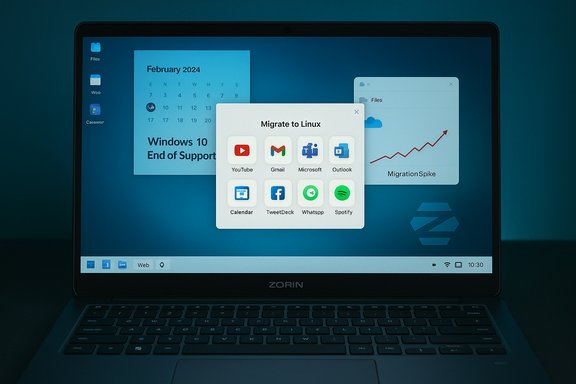 Laptop screen shows Zorin OS with a “Migrate to Linux” dialog and app icons.