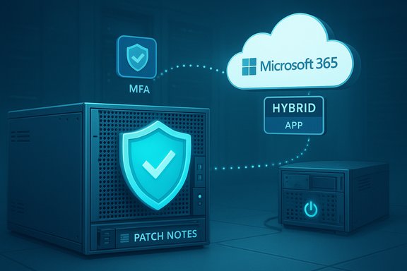 A secure data center connects MFA, patch notes, and Microsoft 365 cloud services.