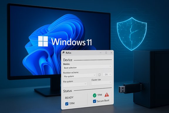 Windows 11 desktop with Rufus boot tool open and a USB drive connected.