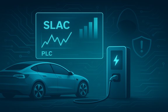 Electric car charging at a blue, tech-forward station with a SLAC PLC data display.