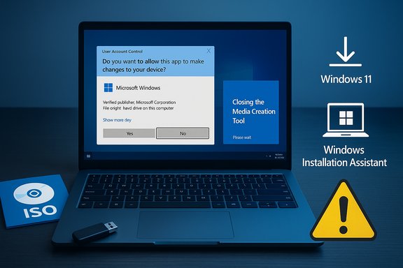 Windows 11 installation on a laptop with a UAC prompt and the Media Creation Tool.