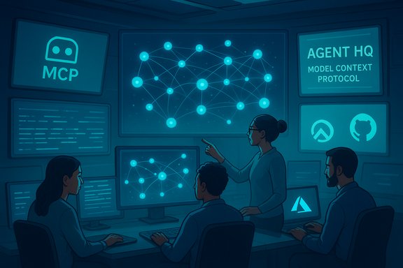 A team reviews glowing network graphs on futuristic command-room screens.