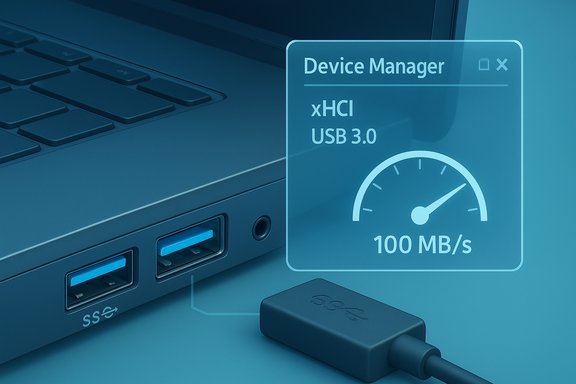 Laptop with USB 3.0 xHCI speed readout showing 100 MB/s.