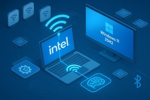 Intel laptop wirelessly connects to a Windows 11 desktop, with AI brain cloud and Bluetooth icons.