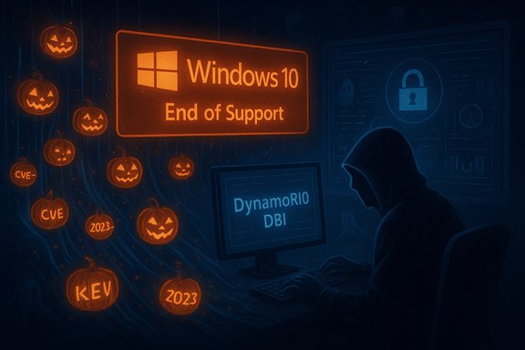 A hooded figure at a computer under a Windows 10 End of Support sign, surrounded by glowing Halloween pumpkins.